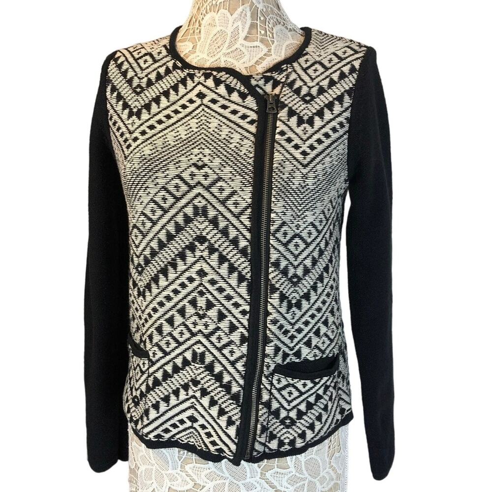 Lucky Brand Moto Aztec jacket sweater black & white side zipper closing size L